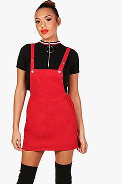 Boohoo Emily Red Denim Pinafore Dress