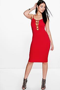 Boohoo Han Button Plunge Front Bodycon Midi Dress