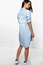 Boohoo Serena Back Print Longline Denim Shirt Dress Blue
