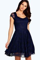 Boohoo Caroline Cap Sleeve Lace Skater Dress Navy