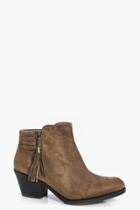 Boohoo Natasha Fringe Trim Zip Side Ankle Boot Khaki