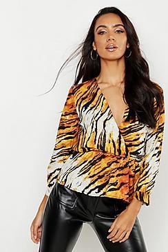 Boohoo Mixed Animal Stripe High Neck Blouse