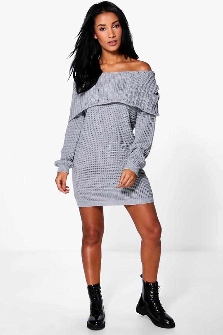 Boohoo Zoey Bardot Mini Knitted Dress Silver
