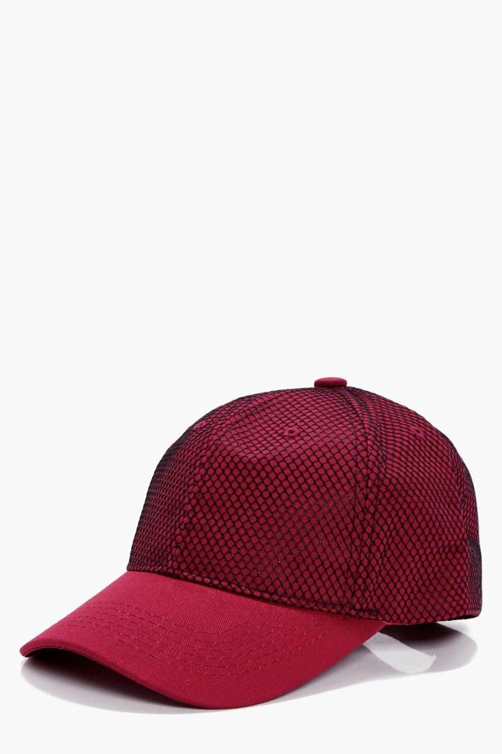Boohoo Freya Mesh Overlay Baseball Cap Wine