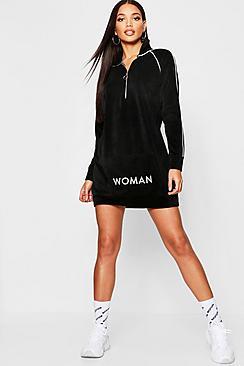 Boohoo Velour Woman Embroidered Pocket Sweat Dress