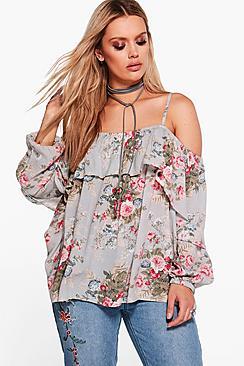 Boohoo Plus Cally Floral Open Shoulder Top