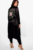 Boohoo Jordyn Satin Embroidered Waterfall Duster Black