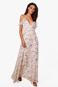 Boohoo Clare Floral Print Cold Shoulder Maxi Dress