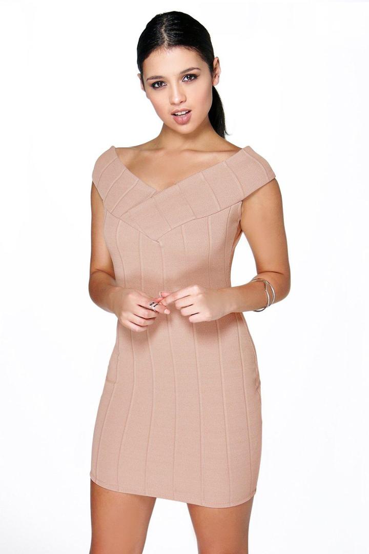Boohoo Michelle Off The Shoulder Bandage Dress Nude