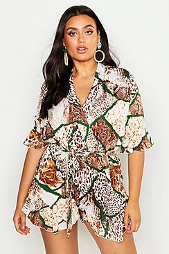 Boohoo Plus Woven Mixed Animal Print Tie Front Top