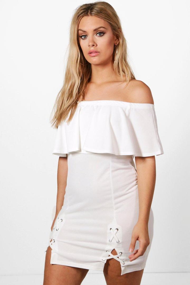 Boohoo Plus Linda Off The Shoulder Lace Up Bodycon Dress White