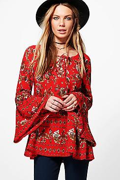 Boohoo Katie Flare Sleeve Floral Blouse