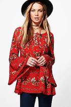 Boohoo Katie Flare Sleeve Floral Blouse