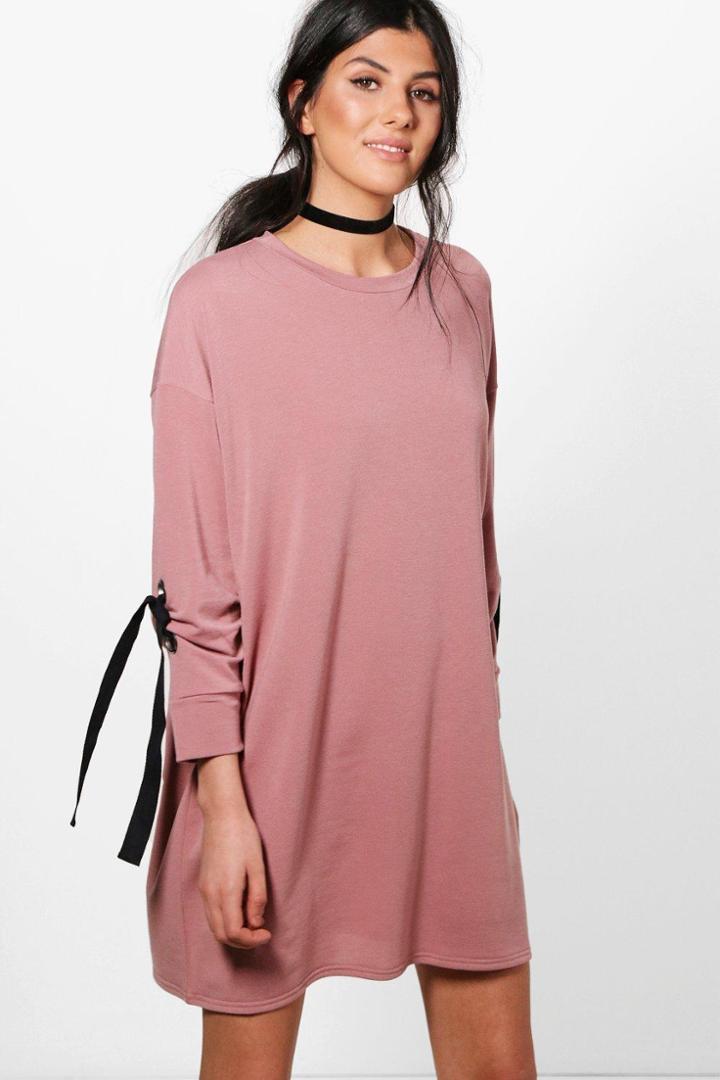 Boohoo Indi Sweat Dress With Eyelet Tie Sleeve Detail Rose