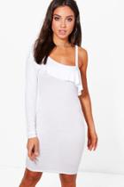 Boohoo Amy One Shoulder Frill Swing Dress White