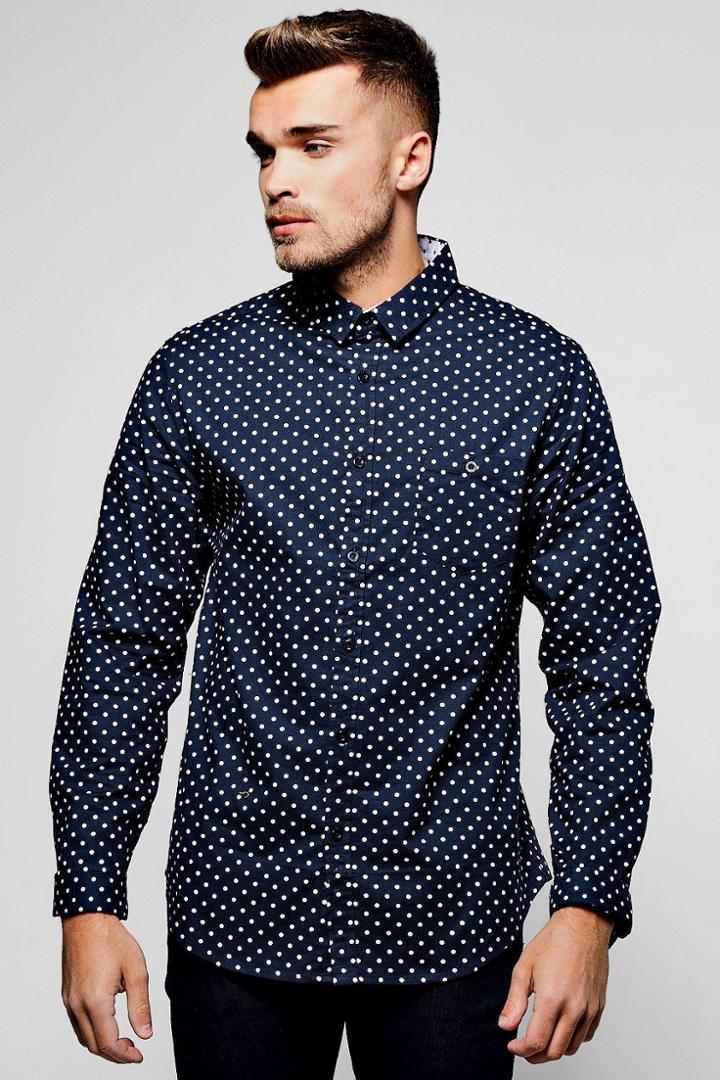 Boohoo Navy Long Sleeve Polka Dot Print Shirt Navy