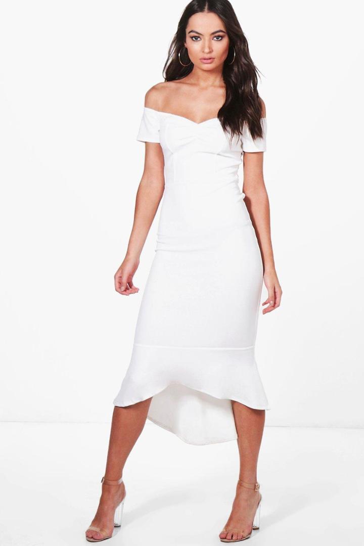 Boohoo Elsie Off The Shoulder Frill Hem Midi Dress Ivory