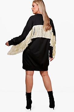 Boohoo Plus Caitlyn Fringe Detail V Neck Sweat Dress