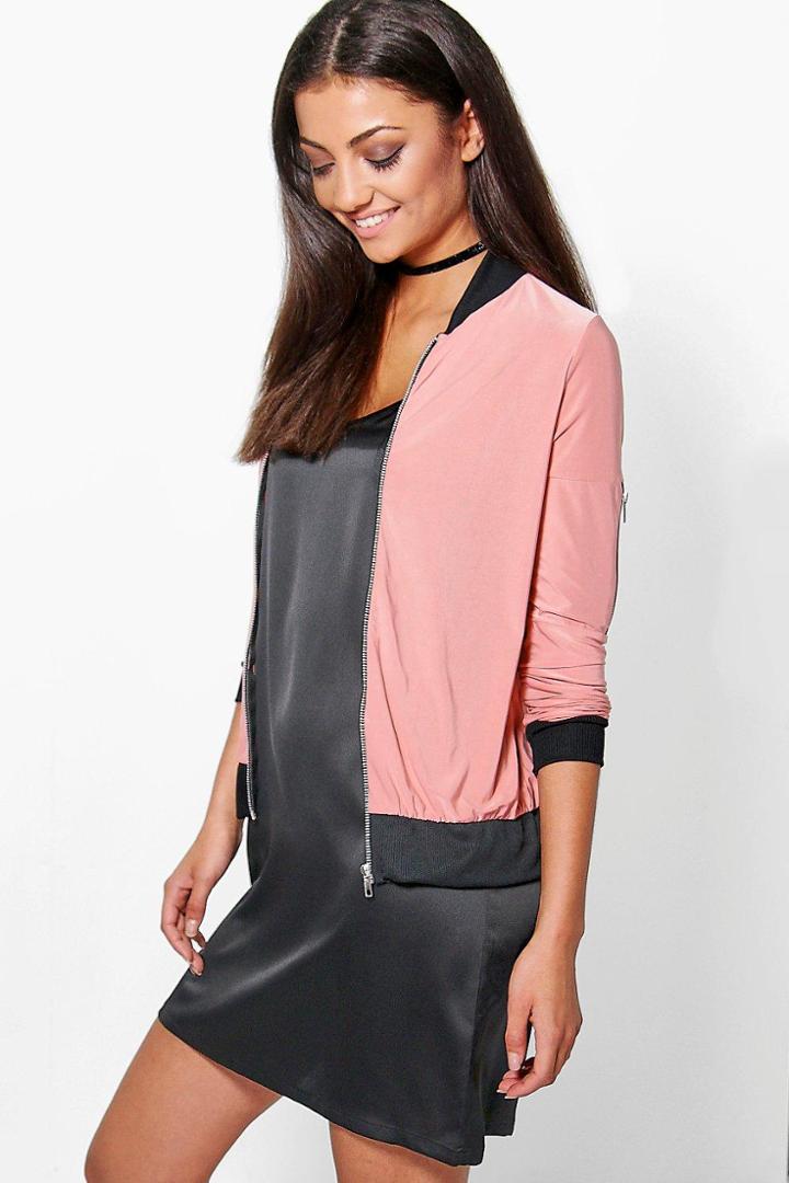 Boohoo Tall Anya Slinky Zip Detail Bomber Peach