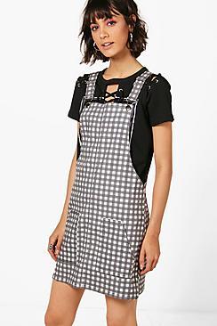 Boohoo Louise Gingham Denim Pinafore Dress
