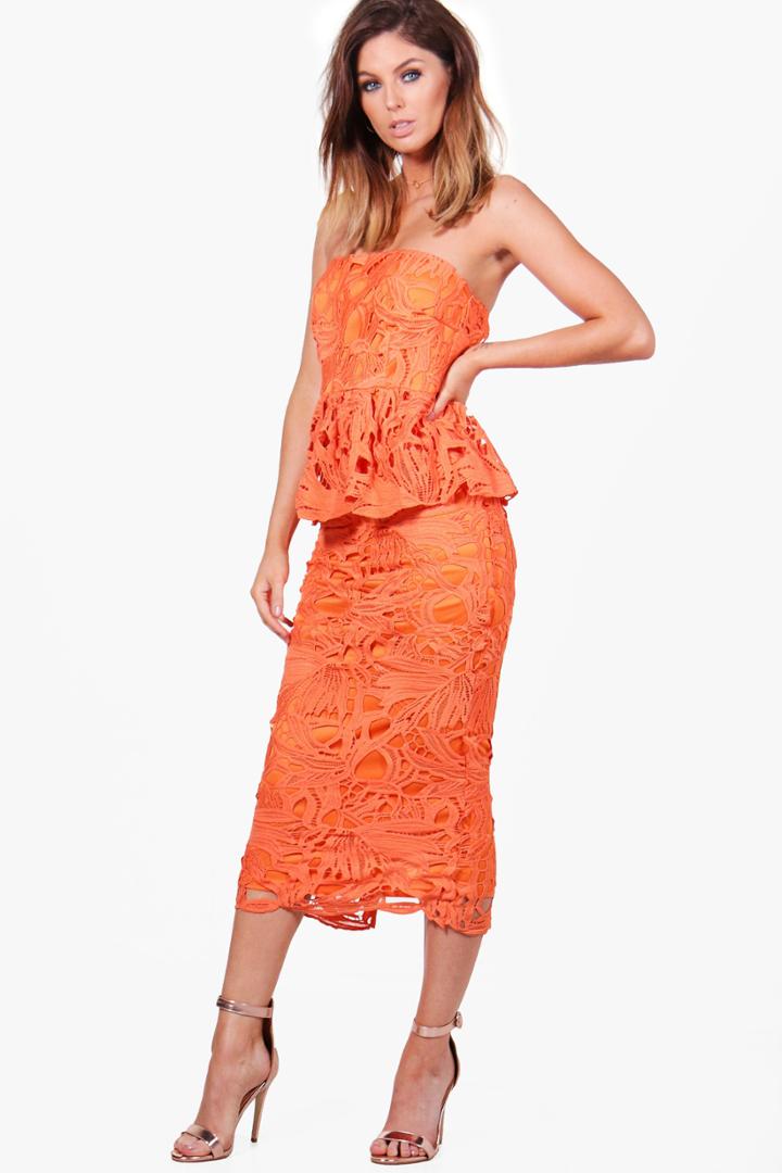 Boohoo Boutique Jacinta Crochet Peplum Midi Dress Orange