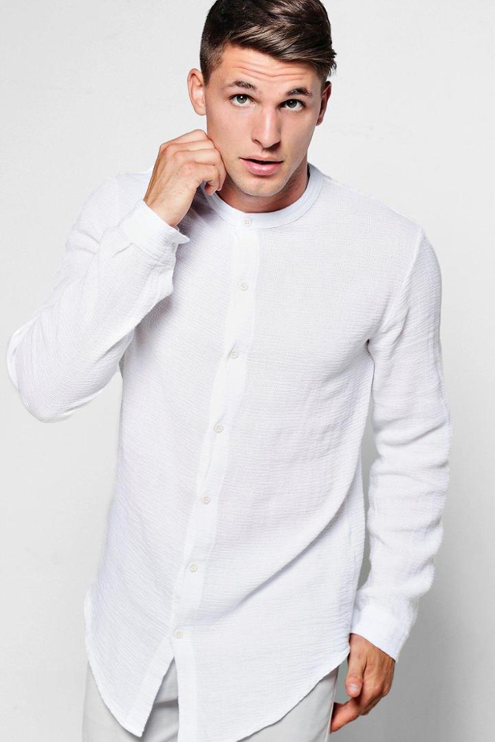 Boohoo Long Sleeve Button Linen Blend Knitted Shirt White