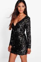 Boohoo Boutique Iva Sequin Wrap Top Bodycon Dress Black