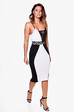 Boohoo Laura Contrast Panel Lace Insert Midi Dress