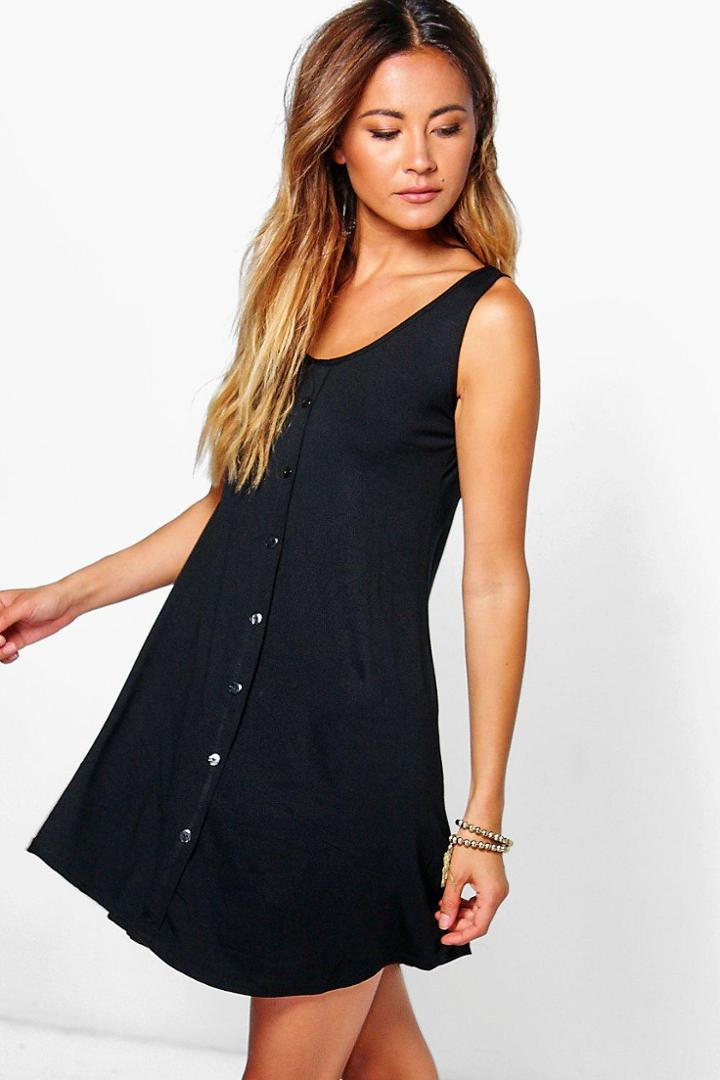 Boohoo Ria Sleeveless Button Swing Dress Black