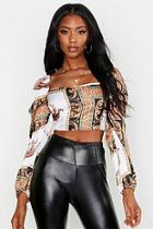 Boohoo Satin Scarf Print Volume Sleeve Crop Top