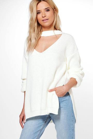 Boohoo Bethany Choker Oversized Jumper Cream