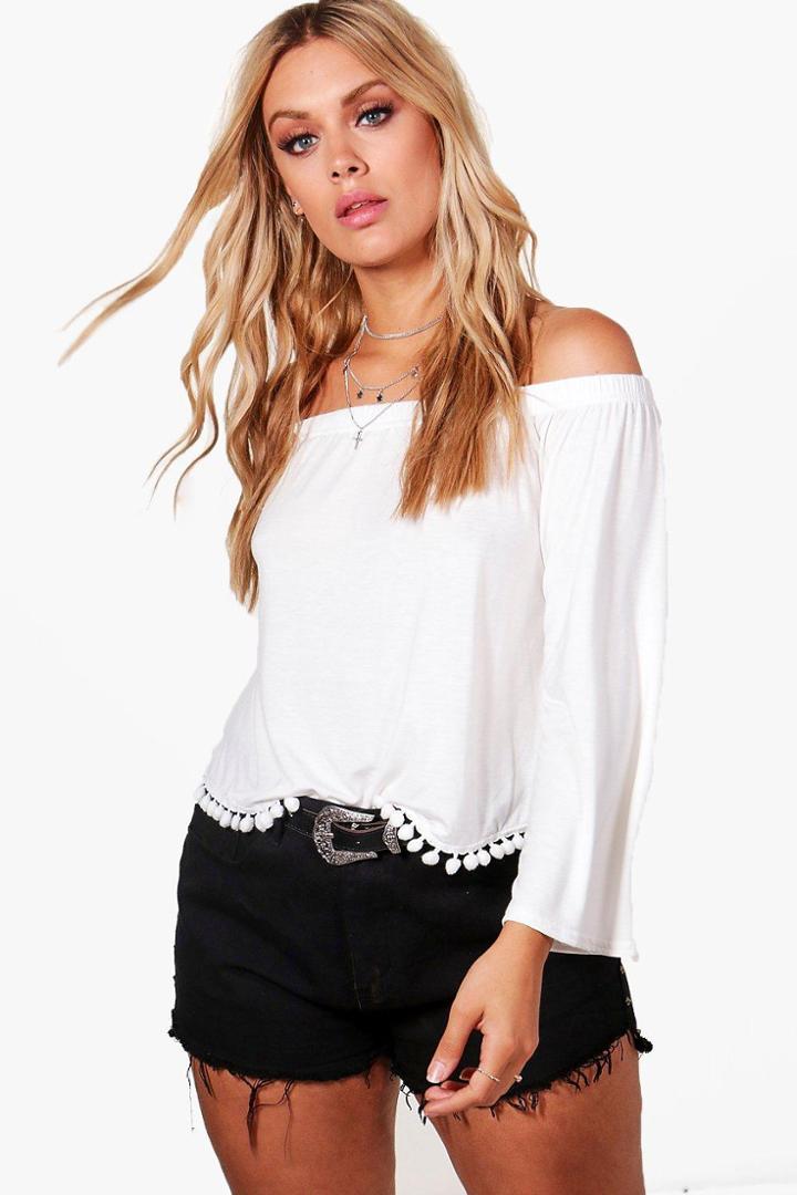 Boohoo Plus Jodie Off The Shoulder Pom Pom Trim Top White