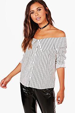 Boohoo Petite Hally Striped Bardot Shirt
