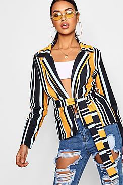 Boohoo Megan Mixed Stripe Belted Blazer