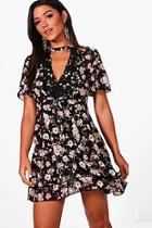 Boohoo Crochet Trim Cold Shoulder Tea Dress