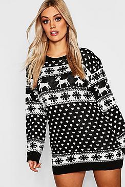 Boohoo Plus Reindeer & Snowflake Christmas Jumper Dress