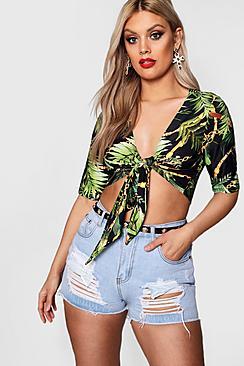 Boohoo Plus Orla Chain + Palm Print Tie Front Crop Top