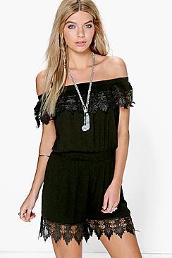 Boohoo Sally Off The Shoulder Crochet Playsuit