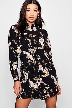 Boohoo Lottie Floral Tie Waist Woven Shirt Dress