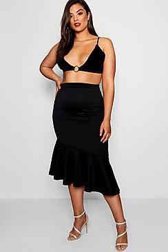 Boohoo Plus Joanna Asymmetric Ruffle Midi Skirt