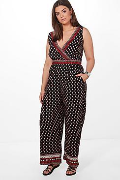 Boohoo Plus Kimmy Border Print Jumpsuit