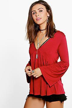 Boohoo Petite Oriana V Neck Long Sleeve Smock Top