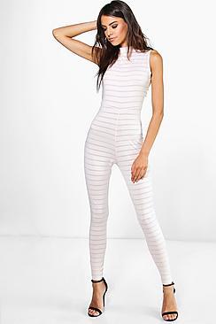 Boohoo Holly High Neck Burn Out Stipe Jumpsuit