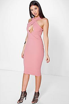 Boohoo Sondra Cross Over Detail Midi Bodycon Dress