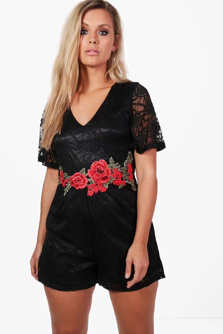 Boohoo Plus Amerie Embroidered Lace Playsuit Black