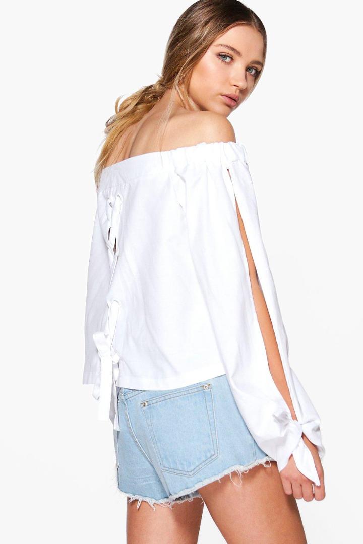 Boohoo Morgan Lace Up Back Eyelet Bardot Top Ivory