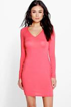 Boohoo Penny V Neck Long Sleeve Bodycon Dress Orange