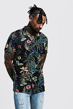 Boohoo Tropical Print Short Sleeve Revere Jersey Shirt
