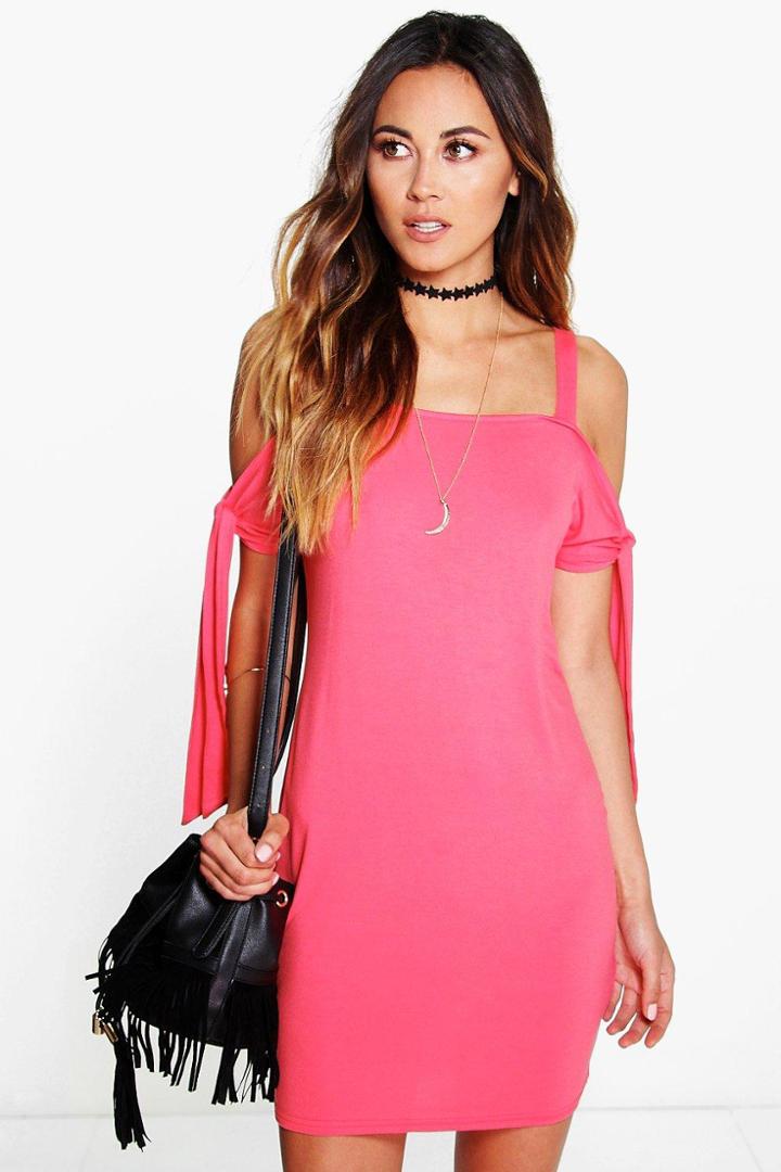 Boohoo Tilly Tie Side Cold Shoulder Dress Sugar-coral