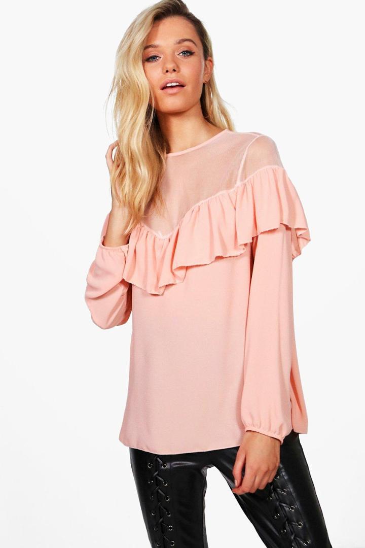Boohoo Niamh Mesh Insert Ruffle Front Blouse Rose